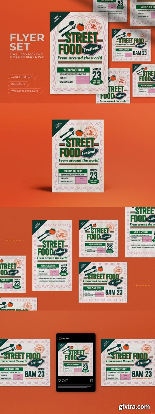 Green Retro Street Food Festival Flyer Set