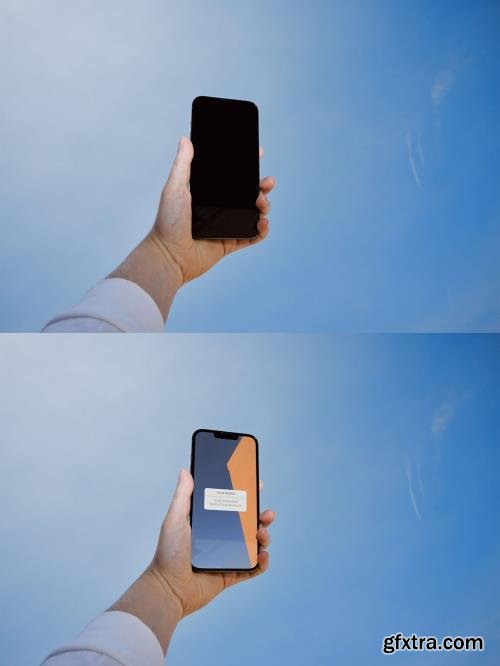 Mockup of Smartphone with Hand Against the Blue Sky 516595004