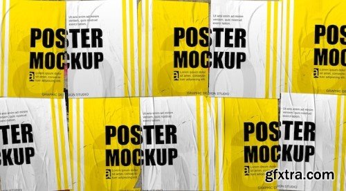 Collection of crumpled posters in a wall mockup