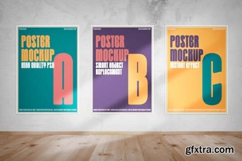 Mockup of three posters hung on lighted wall
