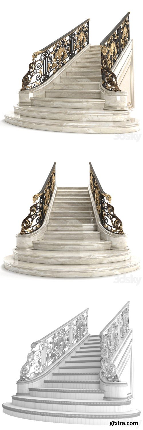 Classic marble staircase with wrought iron railing | Vray+Corona