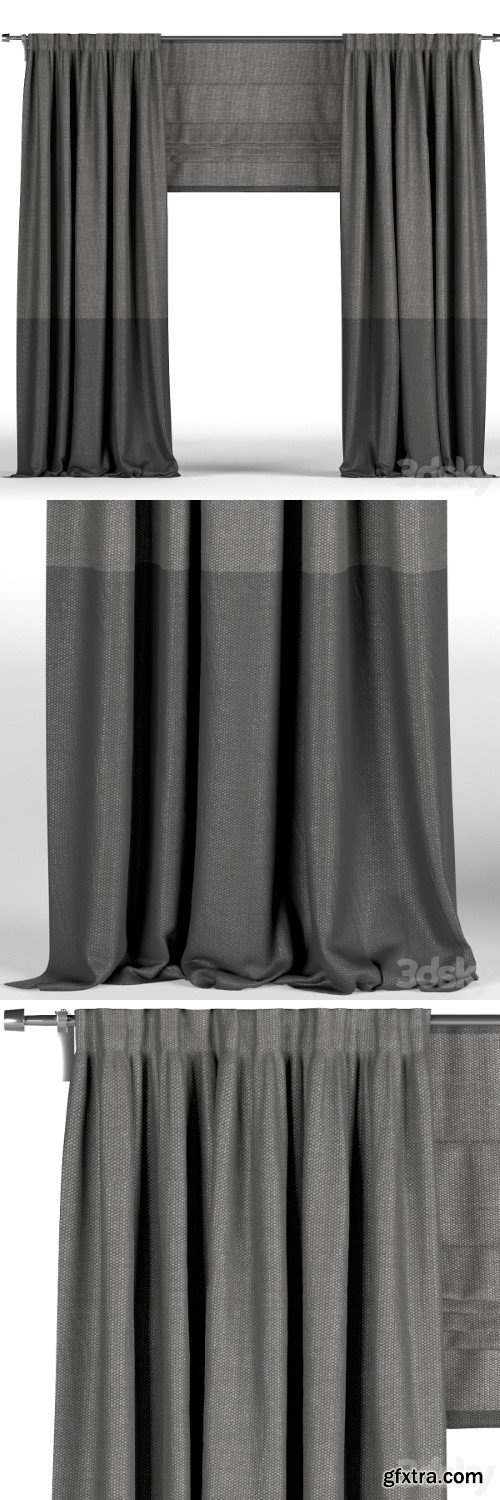 Black curtains in two shades + black Roman blinds. | Vray+Corona