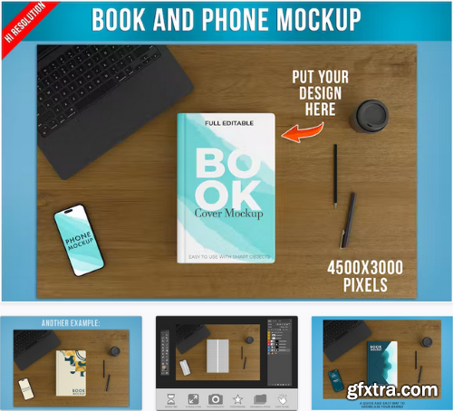Book Cover and Phone on Wooden Table Mockup