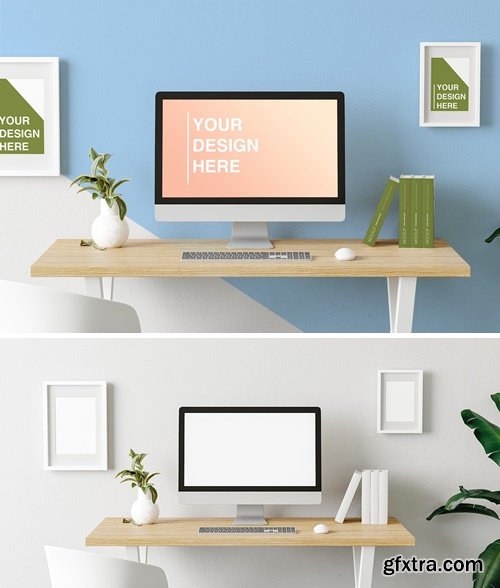 Minimal Desk Mock Up With Screen, Books and Frames H589UPY