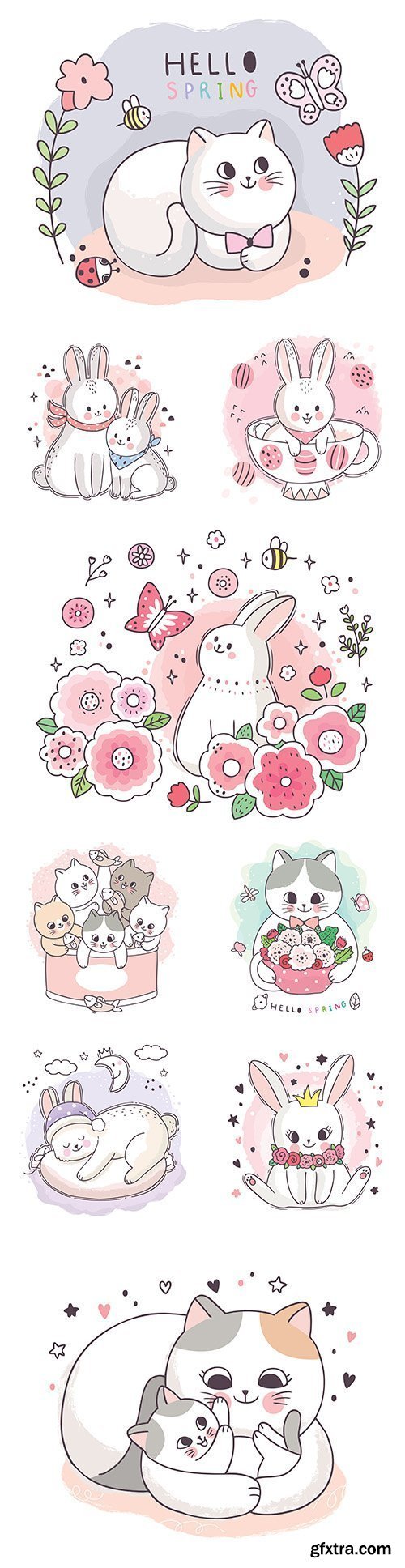 Cute kitten and Easter bunny cartoon painted illustrations