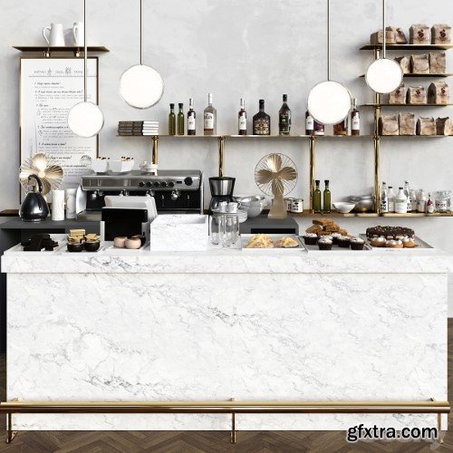 Pro 3DSky - A modern cafe with a marble counter and desserts. Coffee house, cake
