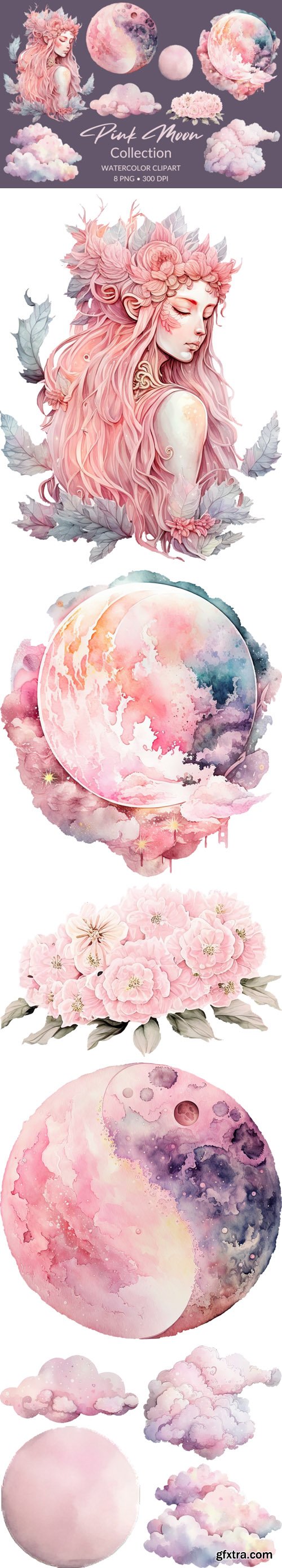 Watercolor Pink Moon PNG Clipart Pack