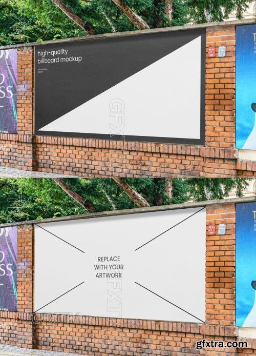 Wide Street Glued Outdoor Poster Mockup on Brick Wall 545787597