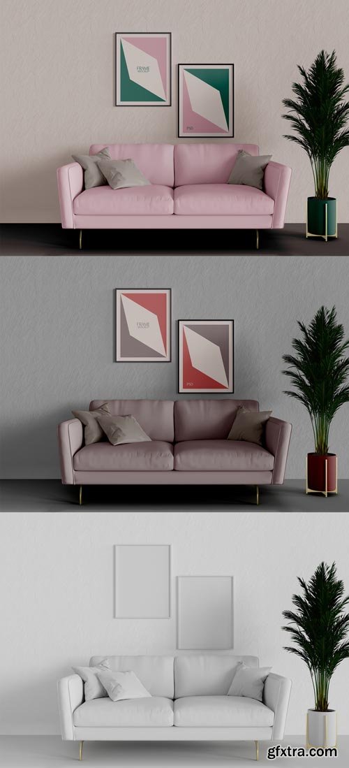 Two Picture Frames above Sofa with Plants Mockup 593933762