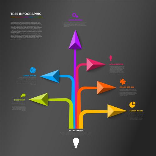 Dark tree infographics template with various diversity options and big arrows 594250418