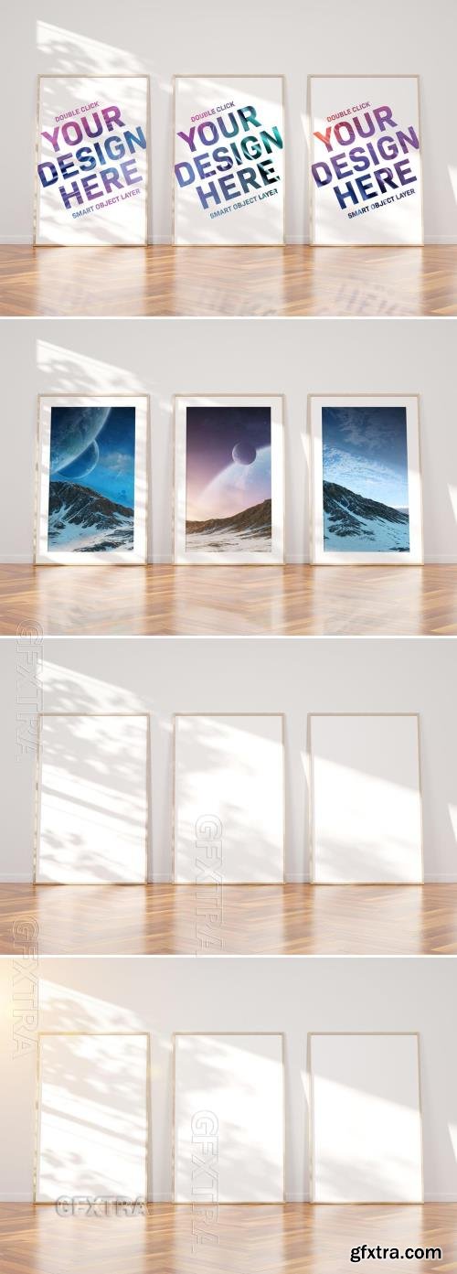 3 Vertical Wooden Frames Laying in Interior Mockup 263752772