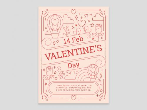 Peach Valentine's Day Card Flyer with Balloon Bird Rose in the Sky and Heart 411030470
