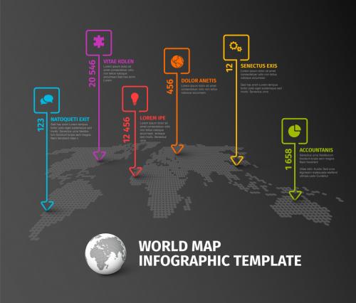 Dark world map infographic template with thin line square pointer marks 569530084