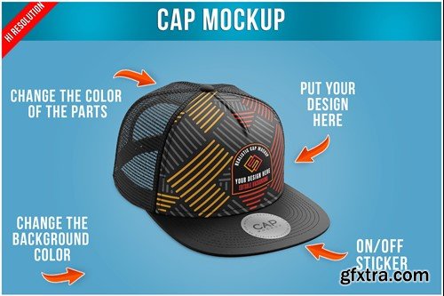 Snapback Truck Hat with Sticker Mockup Template