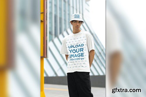 T-Shirt and Bucket Hat Mockup Featuring a Man