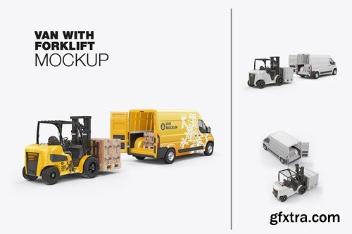 Set Forklift with Boxes And Panel Van Mockup