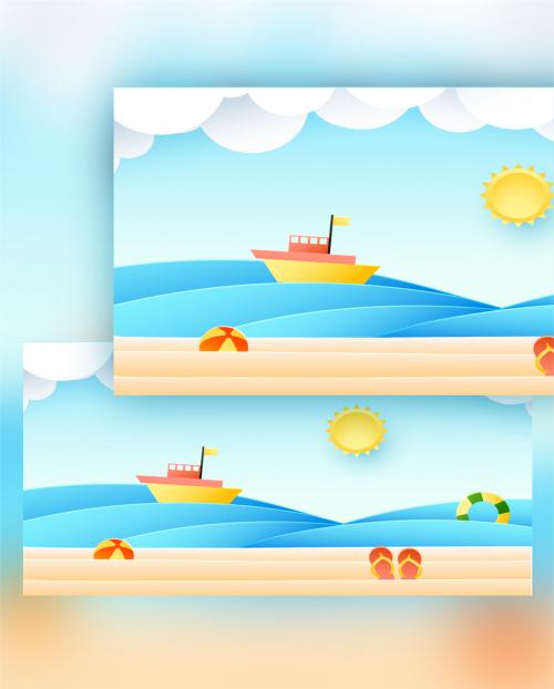 Paper Cut Beach Background with Sun Ship Ball Slipper and Swimming Ring 497801109