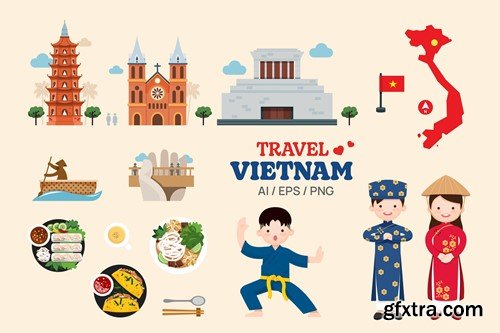 Travel Vietnam elements map and landmarks symbols NFES8HT