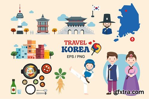 Travel Korea elements map and landmarks symbols WEX7HQ5