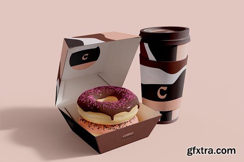 Coffee Cup and Donuts Box Mockup ER7UNWM