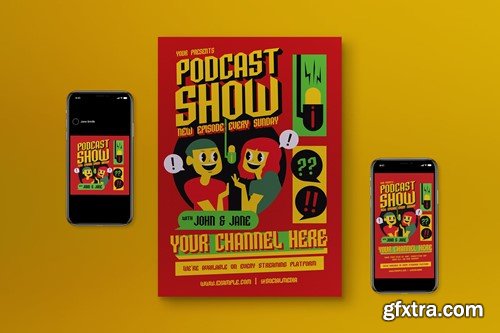 Red Flat Design Podcast Show Flyer Set CMY5AQ3
