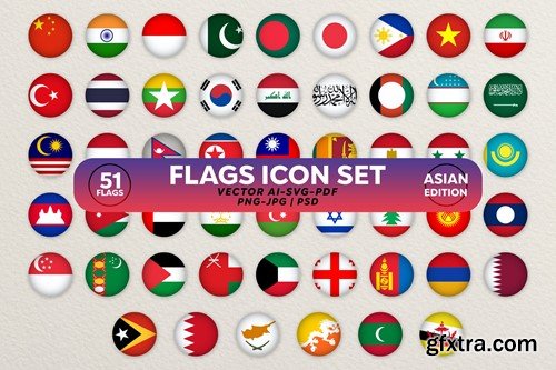 Flags Icon Set. Asian Circled Flags Collection 5LS92V5
