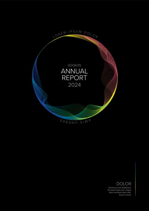 Black annual report front cover page template with rainbow circle with title 594250389