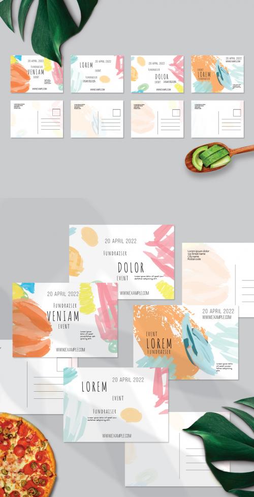 Postcard Layout with Bright Abstract Strokes for Universal Fundraiser Event 592379590