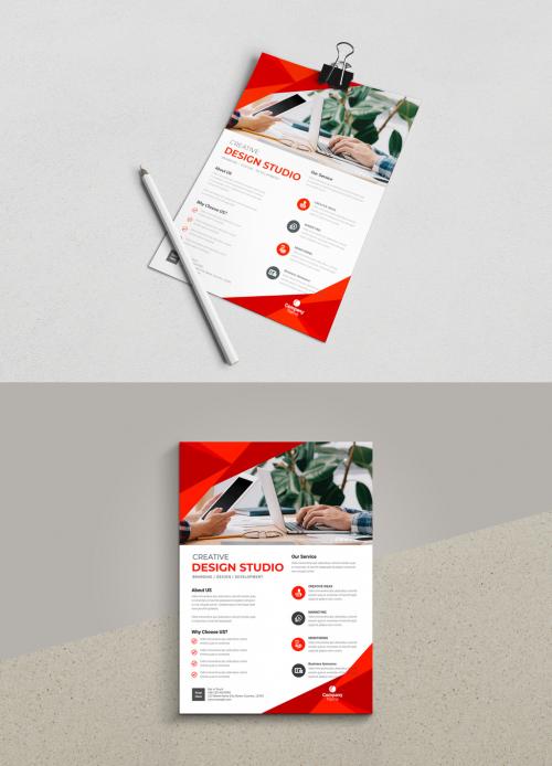 Corporate Flyer Layout with Graphic Elements and Red Accents 580216637