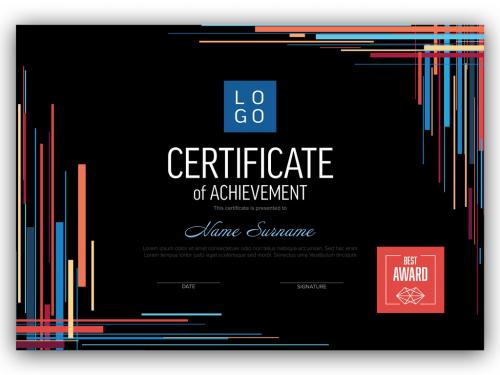 Black certificate template with blue and red stripes and squares 596659516