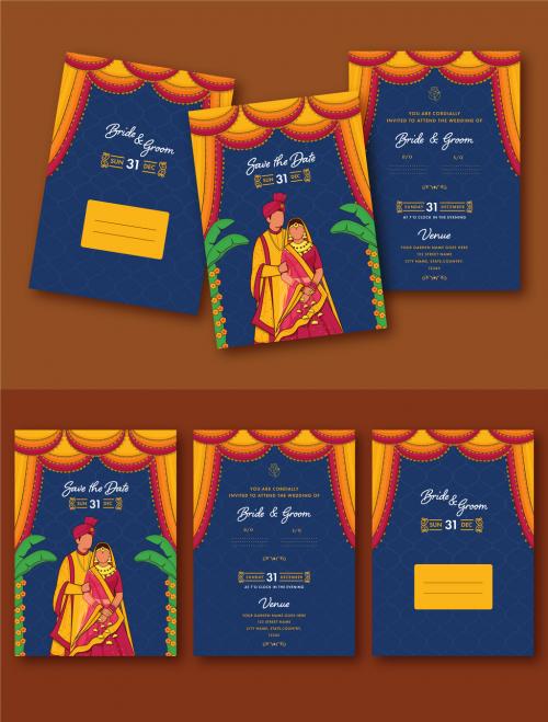 Hindu Wedding Invitation Card Layout with Bride and Groom Character Illsutrations in Traditional Attires, Inner Pages with Envelope Template. 564565942