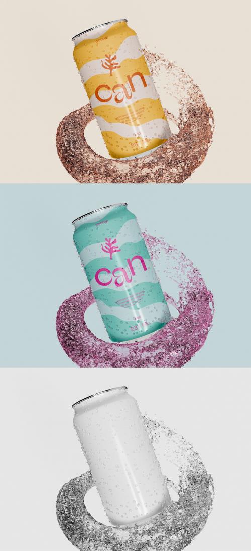 Soda or Beer Can with Drops Mockup 592348462