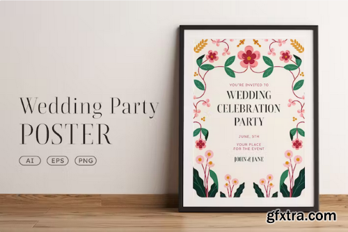 Wedding Party Flower Wreath Vector Poster Template