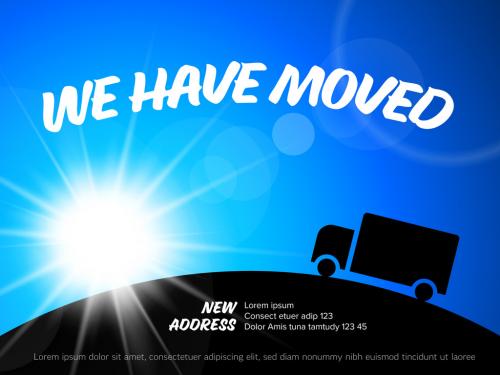 We have moved minimalistic blue flyer template with blue sky and car icon 594250427