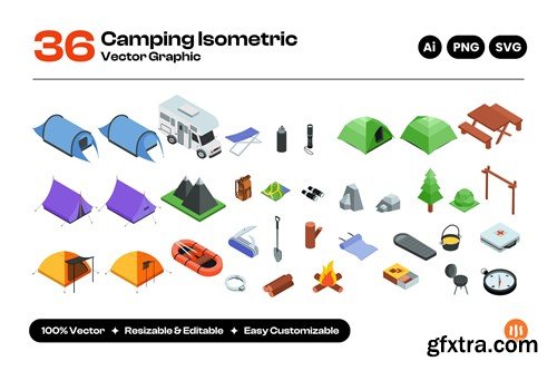 Set of Camping Equipment and Stuff Isometric 9PUMAJW