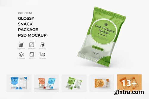 Glossy Snack Flow Pack Packaging PSD Mockup 88DKMGD
