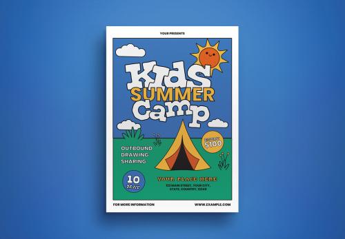 Blue Flat Design Kids Summer Camp Flyer Set Layout 593440958