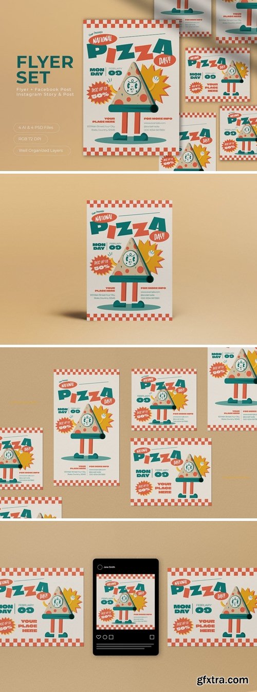 Beige Retro National Pizza Day Flyer Set T2UGE55