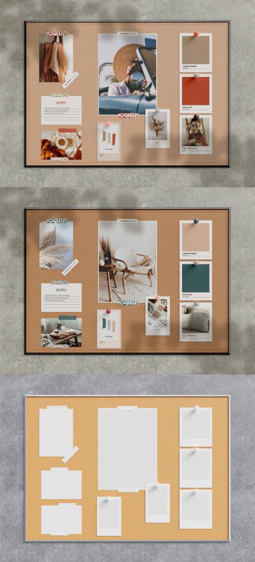 Moodboard with Papers and Photos on Cork Mockup 583665053