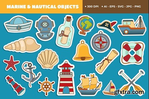 Marine and Nautical Objects Cute Sticker Set MC4P8W3