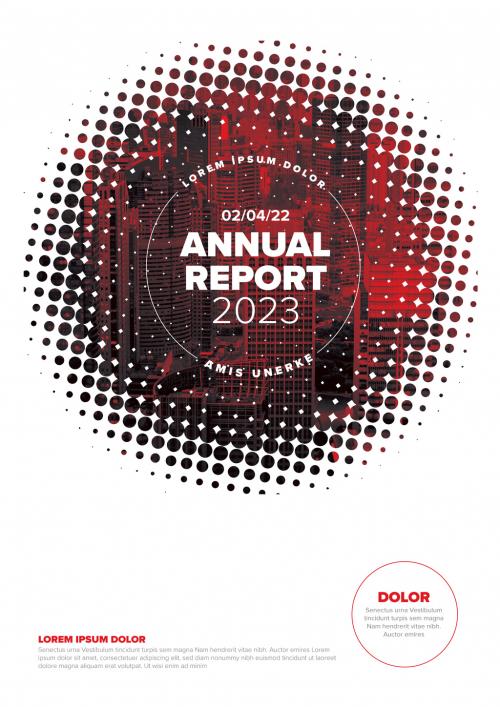 White annual report front cover page template with photo in halftone effect circle frame 586878079