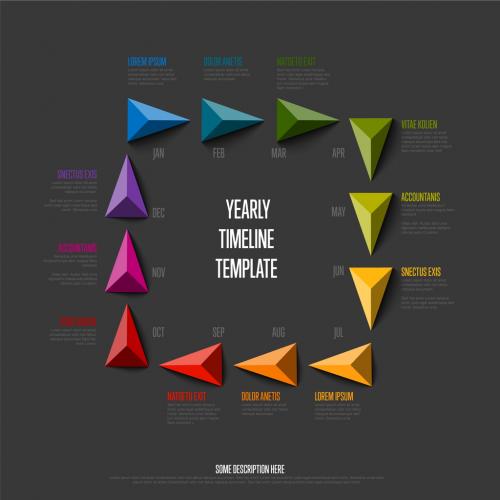 Dark full year timeline template with 12 month and rainbow triangle arrows 578778673