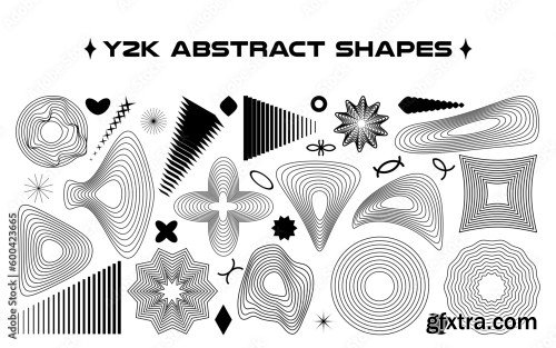 Set of abstract aesthetic y2k geometric elements and wireframe shapes