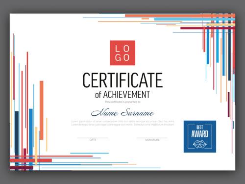 Certificate template with blue and red stripes and squares 594250362
