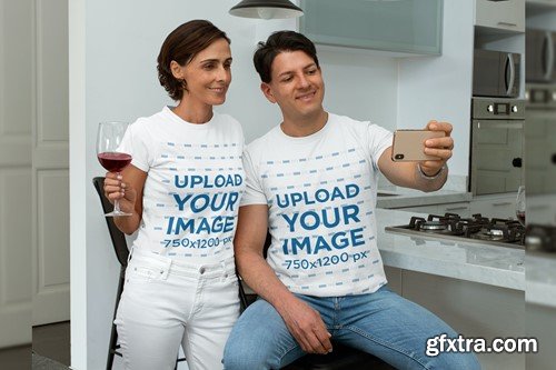 T-Shirt Mockup of a Middle-Aged Couple Taking EYNF6NT