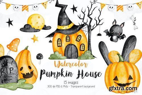 Watercolor Pumpkin House and Halloween Elements 3F9TJ9Q