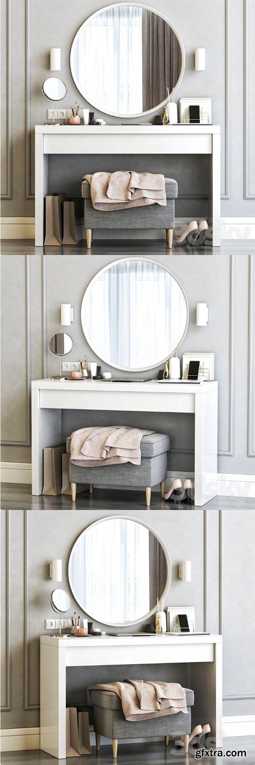 Pro 3DSky - Ikea Malm Dressing Table with Langesund Round Mirror and Strandmon Gray Ottoman