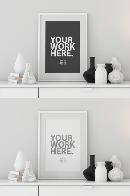White Poster Art Frame Mockup with passepartout on commode with vases 591540226