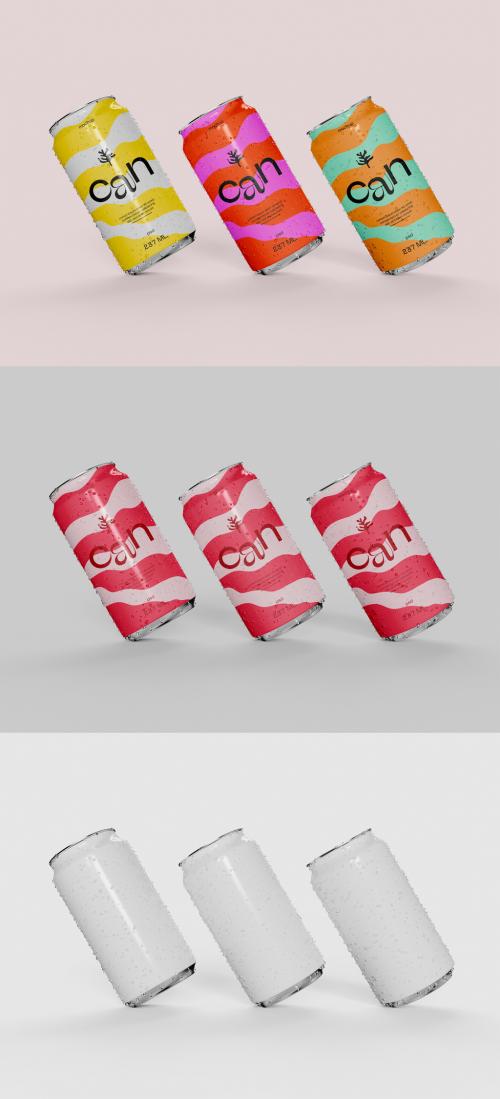 Three Soda Cans with Drops Mockup 592350978