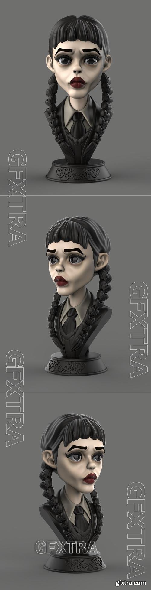 Wednesday Bust with Articulated Pigtails – 3D Print Model